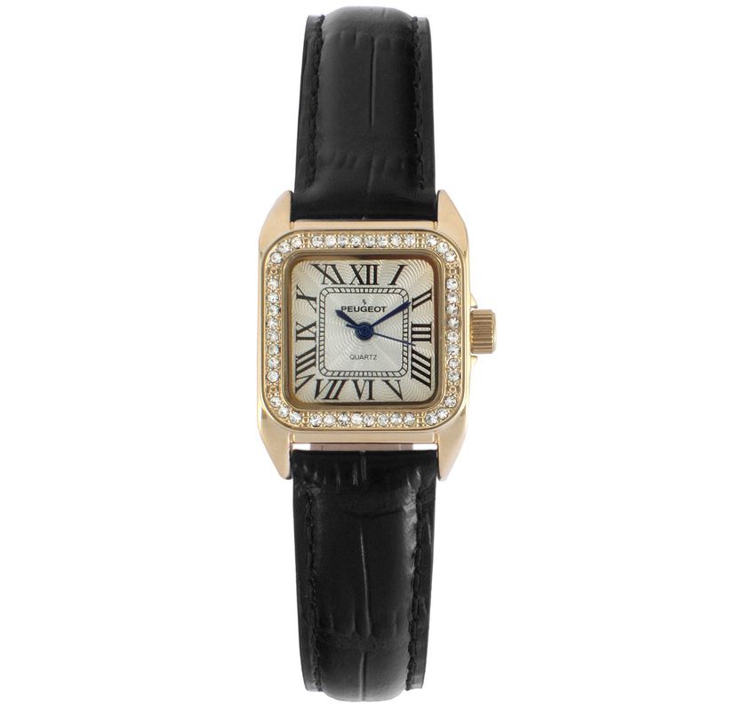 Peugeot Womens 34x24mm Tank Watch with Crystal Bezel Black Leather Strap