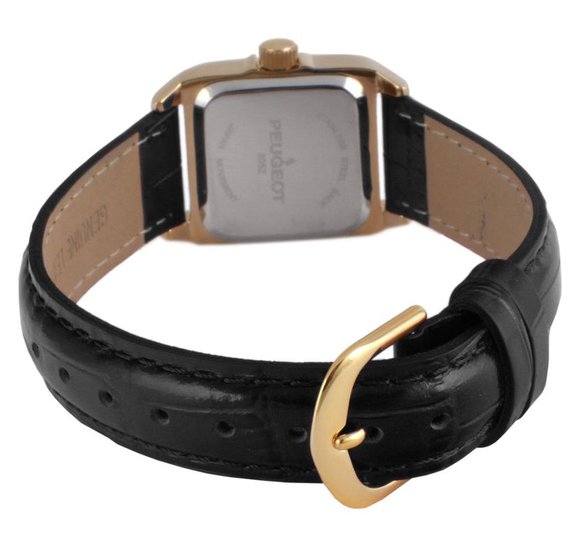 Peugeot Womens 34x24mm Tank Watch with Crystal Bezel Black Leather Strap