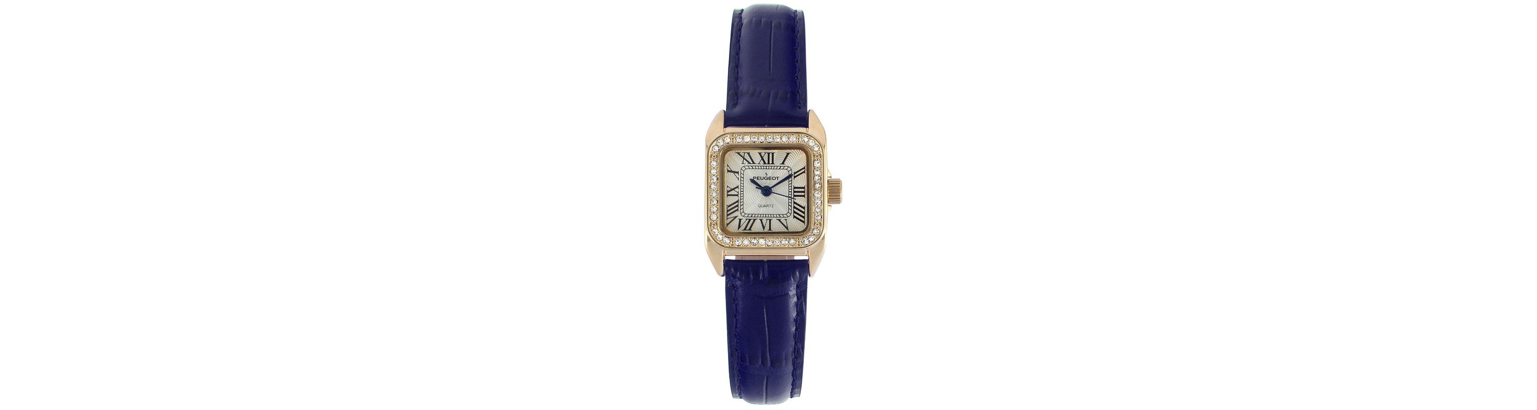 Peugeot Womens 34x24mm Tank Watch with Crystal Bezel Blue Leather Strap