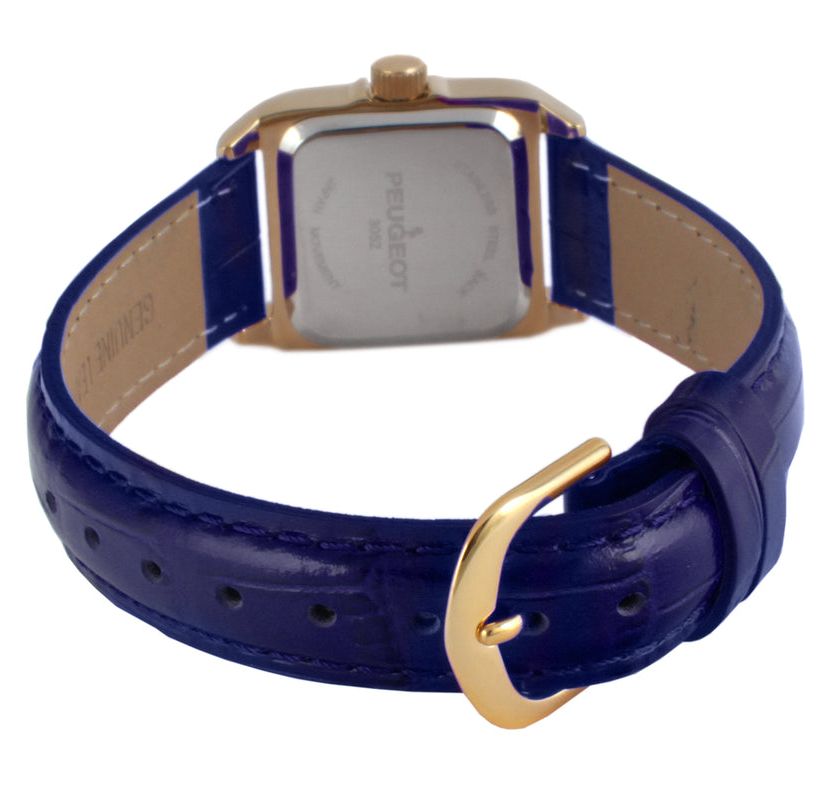 Peugeot Womens 34x24mm Tank Watch with Crystal Bezel Blue Leather Strap