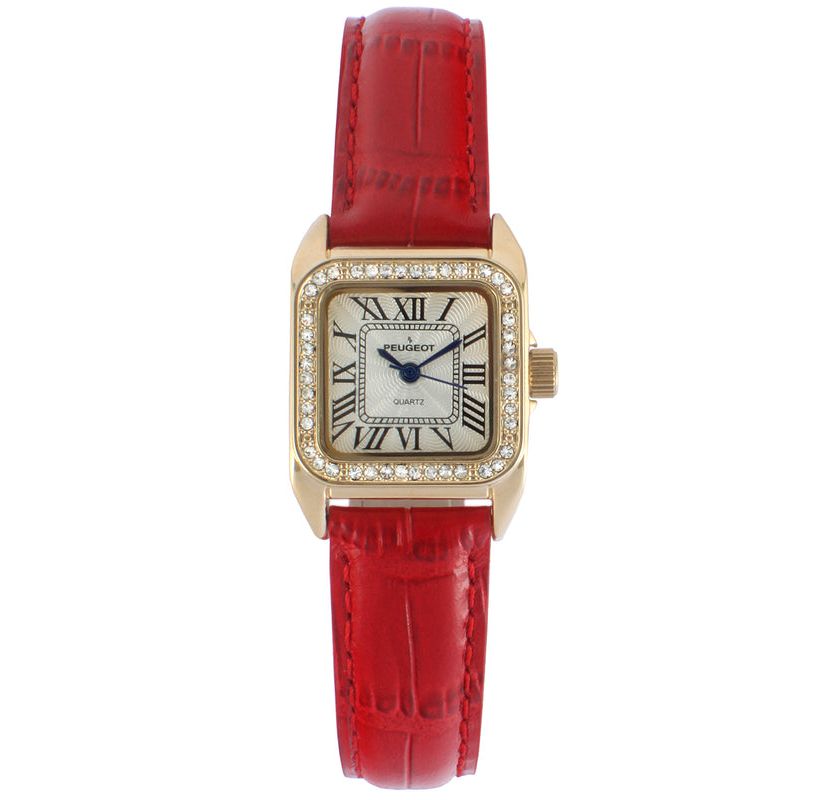 Peugeot Womens 34x24mm Tank Watch with Crystal Bezel Red Leather Strap