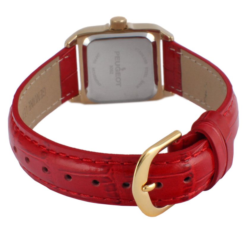 Peugeot Womens 34x24mm Tank Watch with Crystal Bezel Red Leather Strap