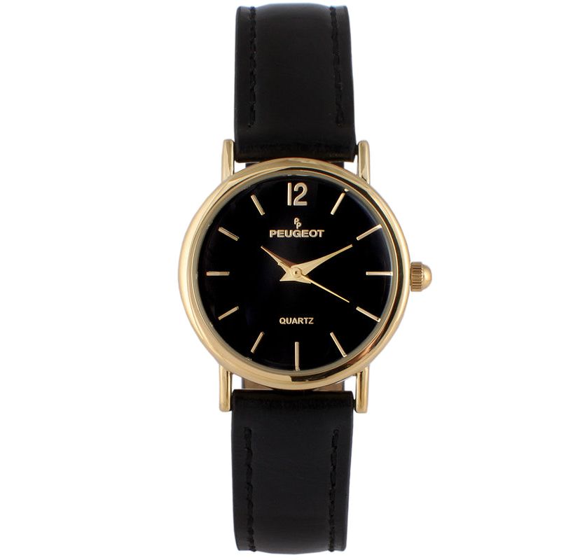 Peugeot Womens Classic Easy Read Black Watch with Black Leather Strap