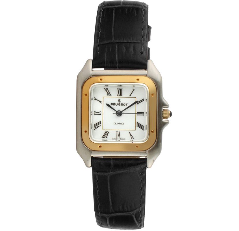 Peugeot Womens Watch 36mm Square Tank Shape Black Leather Strap Watch