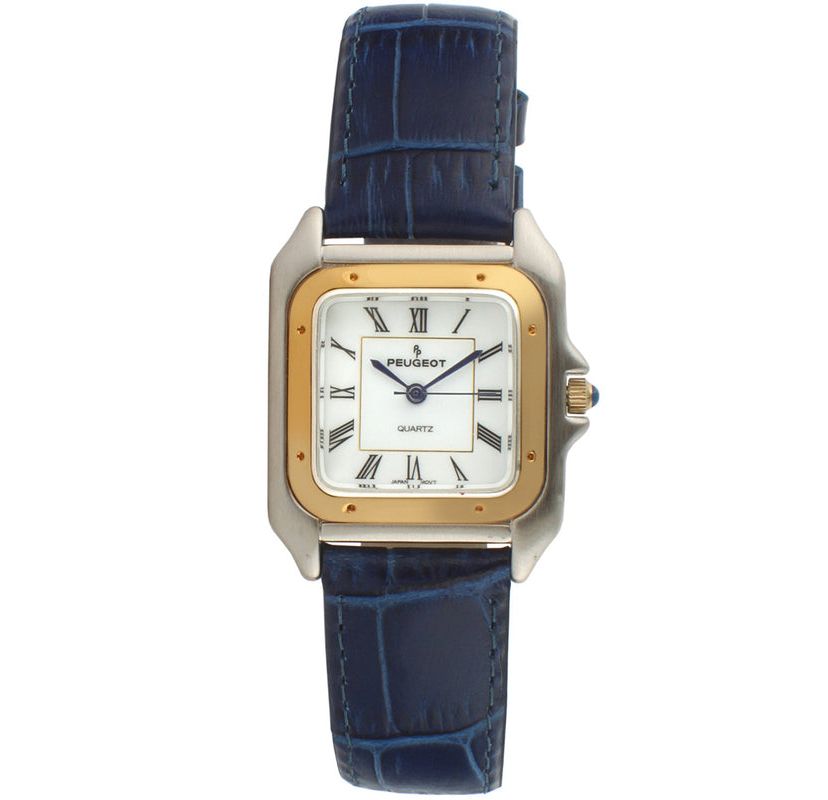Peugeot Womens Watch 36mm Square Tank Shape Blue Leather Strap Watch