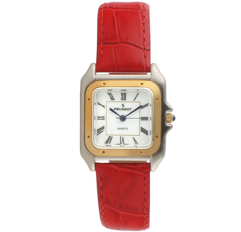 Peugeot Womens Watch 36mm Square Tank Shape Red Leather Strap Watch