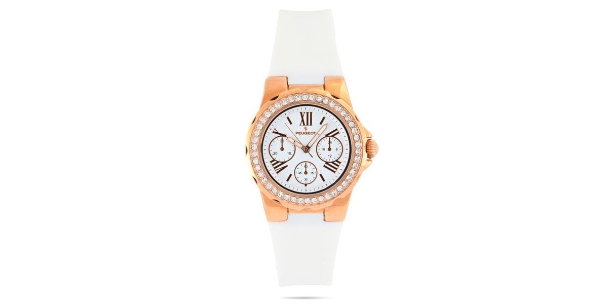 Peugeot Womens Rose Gold Wrist Watch with Crystal Bezel and Silicone Rubber Band