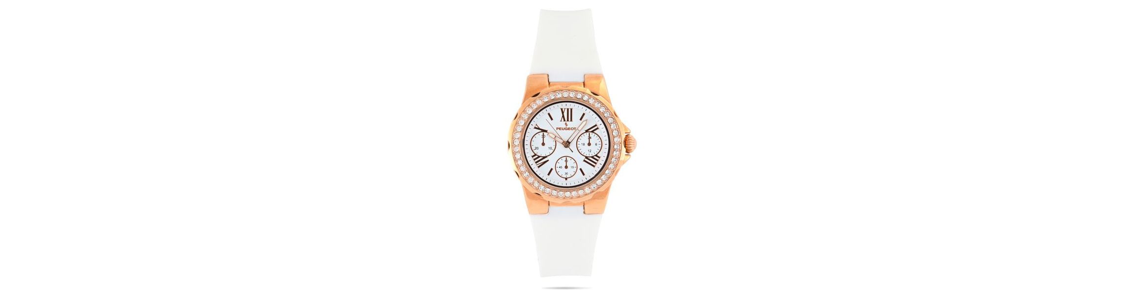 Peugeot Womens Rose Gold Wrist Watch with Crystal Bezel and Silicone Rubber Band