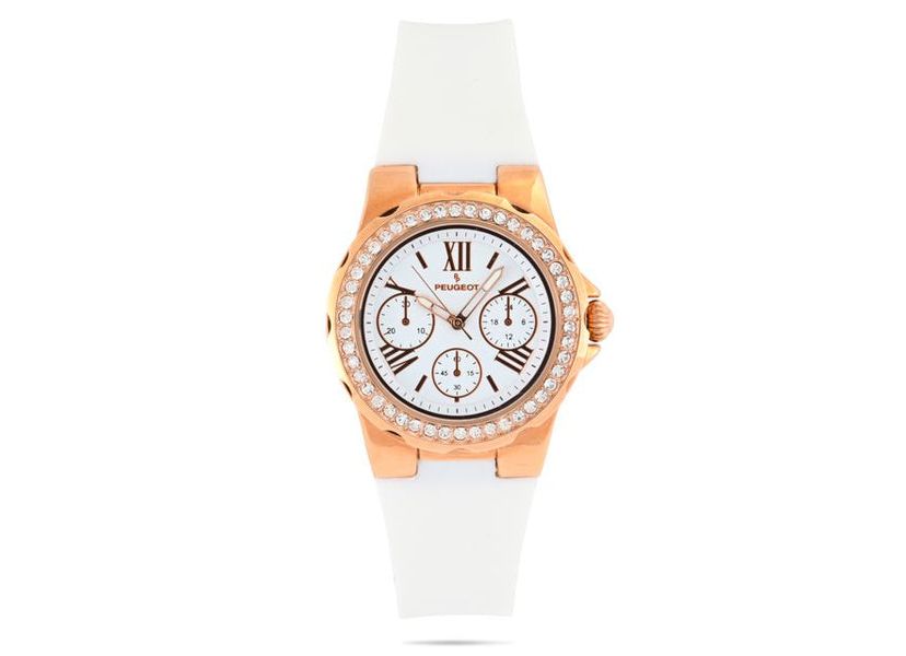 Peugeot Womens Rose Gold Wrist Watch with Crystal Bezel and Silicone Rubber Band