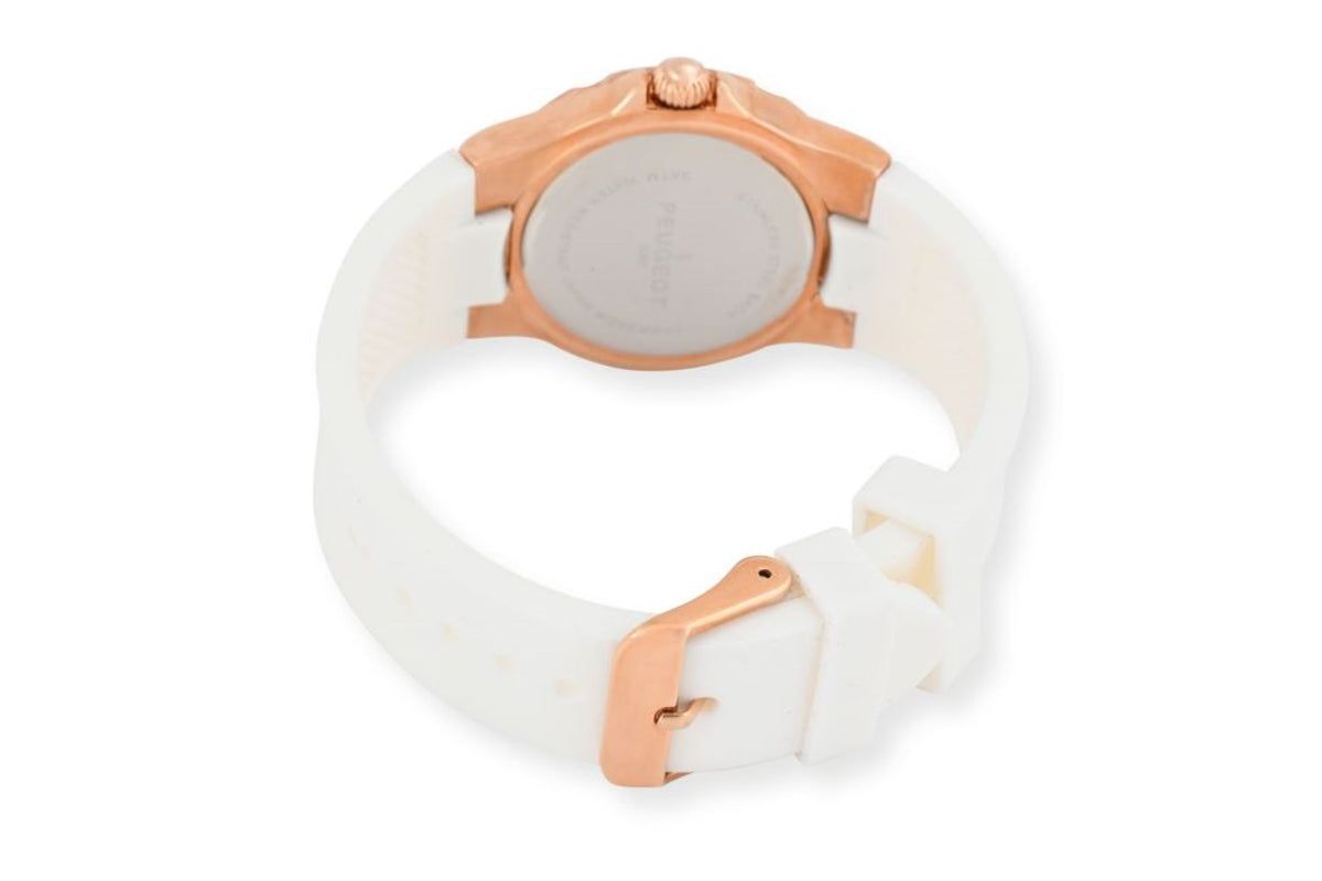 Peugeot Womens Rose Gold Wrist Watch with Crystal Bezel and Silicone Rubber Band