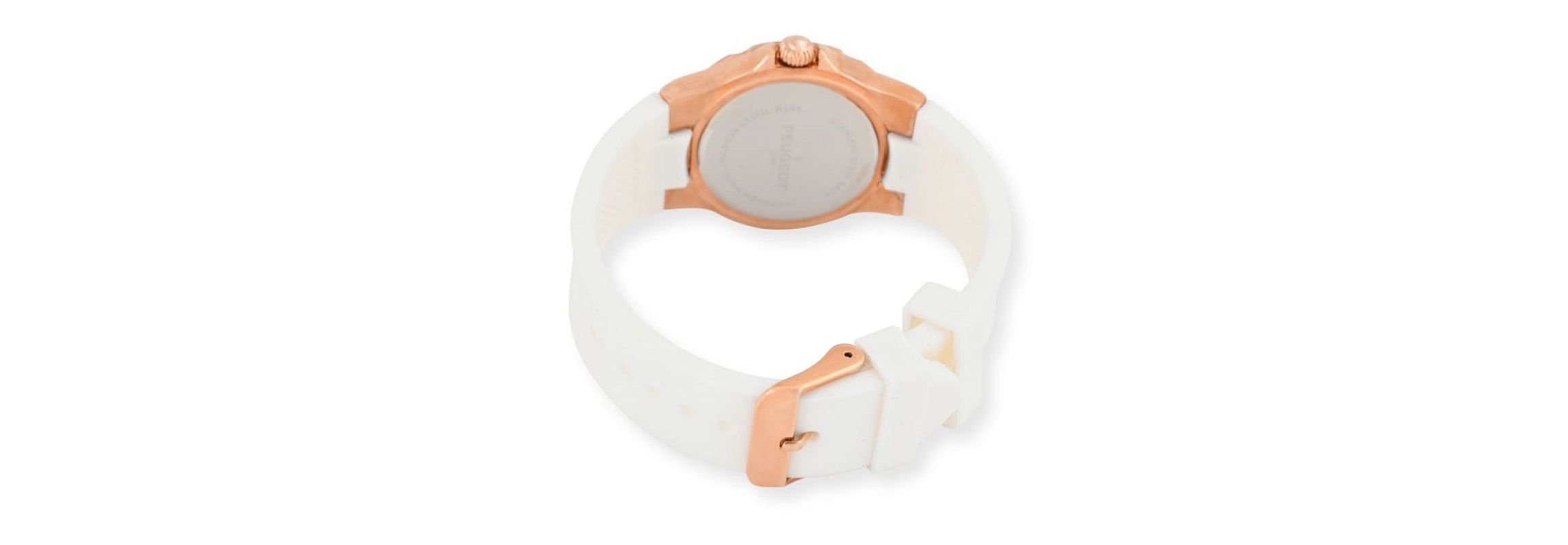 Peugeot Womens Rose Gold Wrist Watch with Crystal Bezel and Silicone Rubber Band