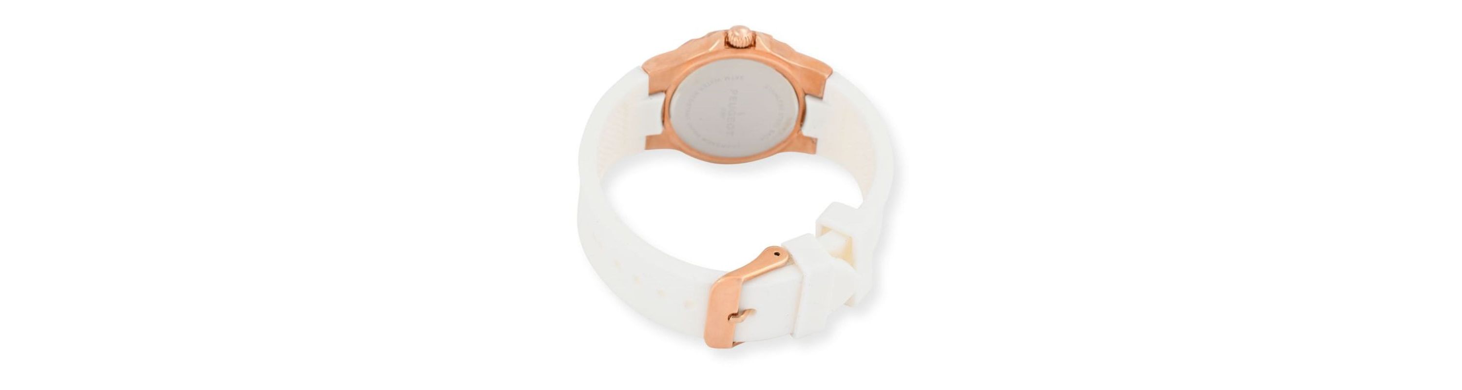 Peugeot Womens Rose Gold Wrist Watch with Crystal Bezel and Silicone Rubber Band