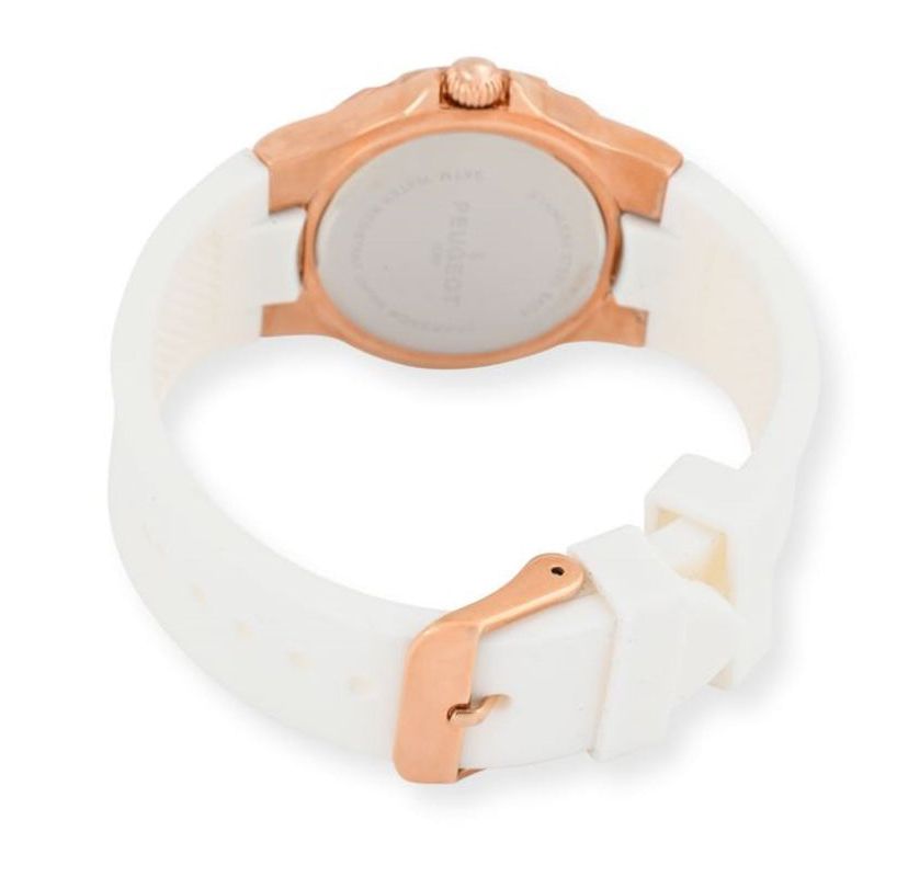 Peugeot Womens Rose Gold Wrist Watch with Crystal Bezel and Silicone Rubber Band
