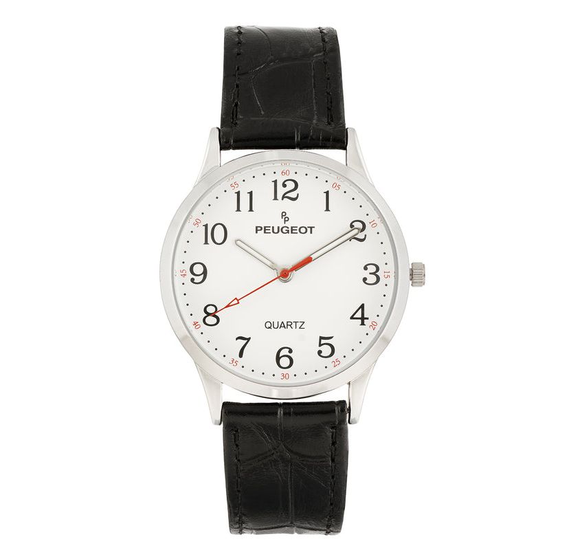 Peugeot Womens 40mm Large Face Watch with Bold Arabic Numerals and Leather Band