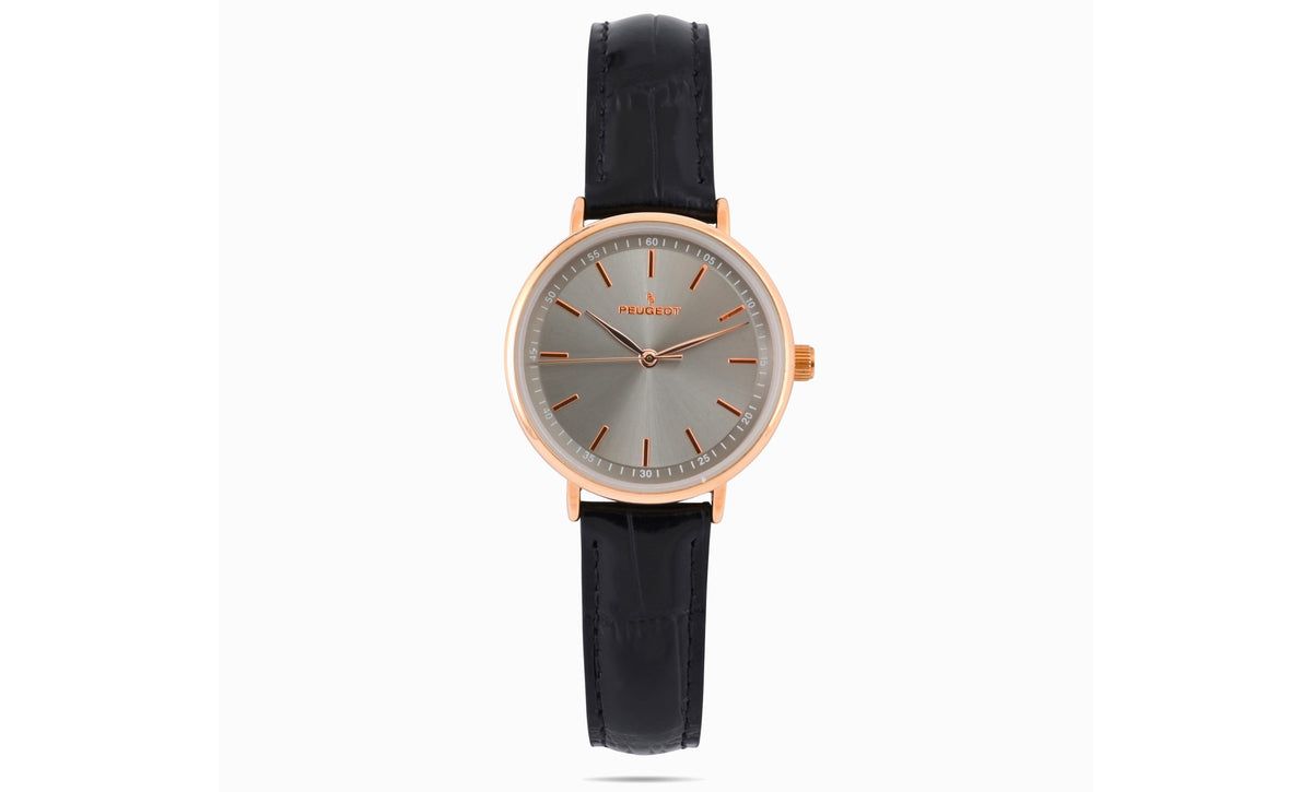 Peugeot Womens 30mm Rose Gold Case Watch with Black Genuine Leather Band