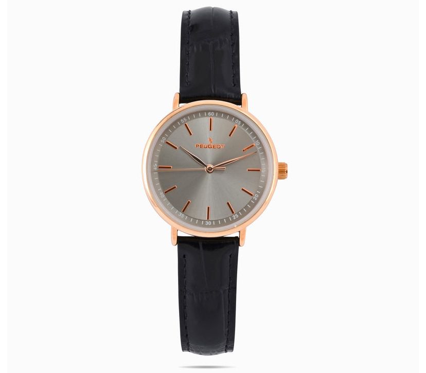 Peugeot Womens 30mm Rose Gold Case Watch with Black Genuine Leather Band