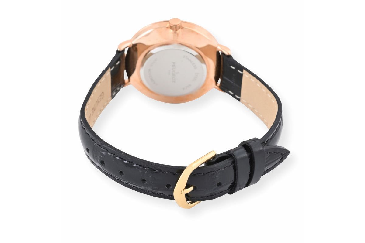 Peugeot Womens 30mm Rose Gold Case Watch with Black Genuine Leather Band
