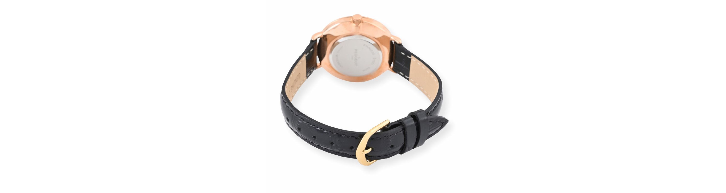 Peugeot Womens 30mm Rose Gold Case Watch with Black Genuine Leather Band