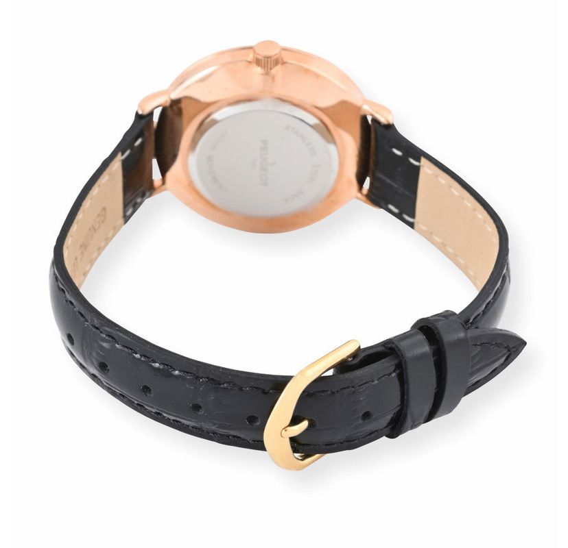 Peugeot Womens 30mm Rose Gold Case Watch with Black Genuine Leather Band
