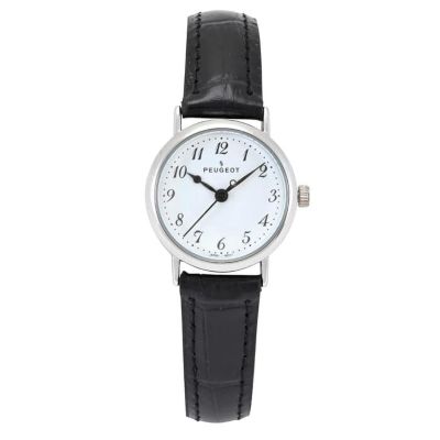 Peugeot Womens Small Face Easy Read Minimalist Black Leather Strap Watch, Silver