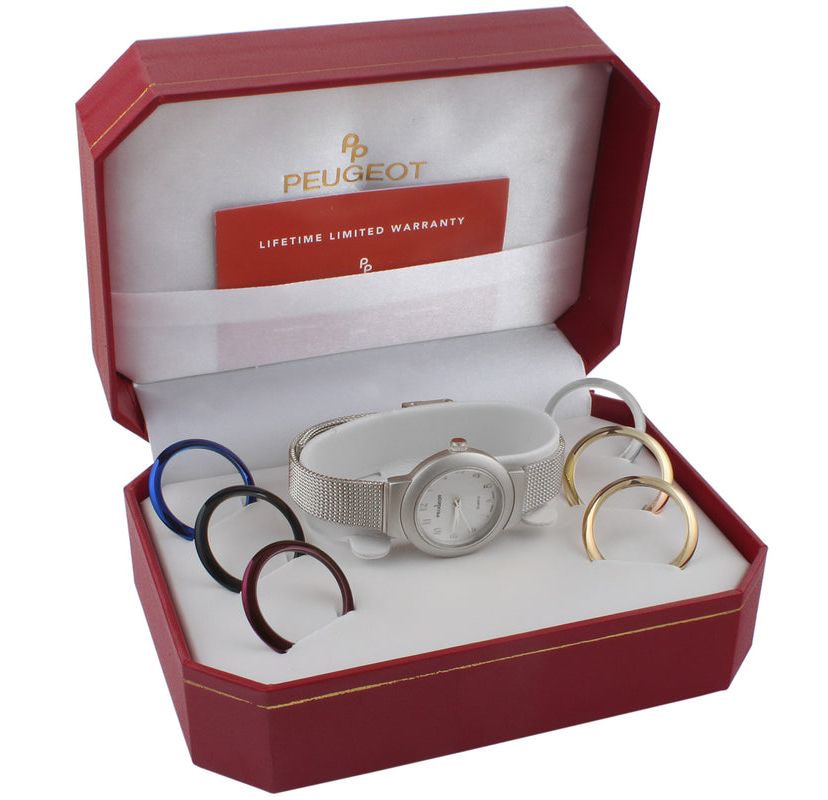 Peugeot Womens Silver Watch Gift Set with 7 Changeable Bezels