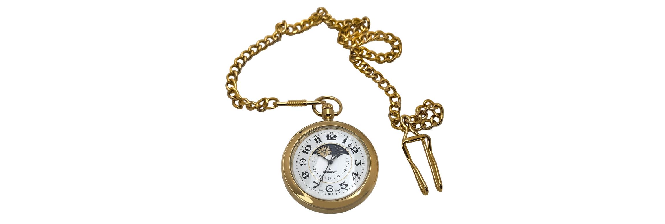 Peugeot Mens 14K Gold Plated Sun Moon Pocket Watch with Gold-Tone Chain