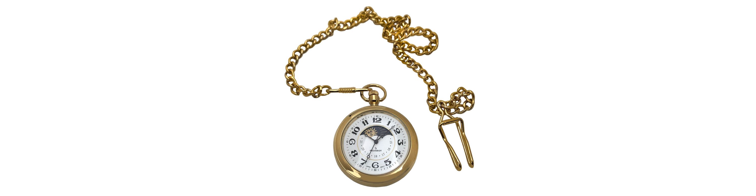 Peugeot Mens 14K Gold Plated Sun Moon Pocket Watch with Gold-Tone Chain