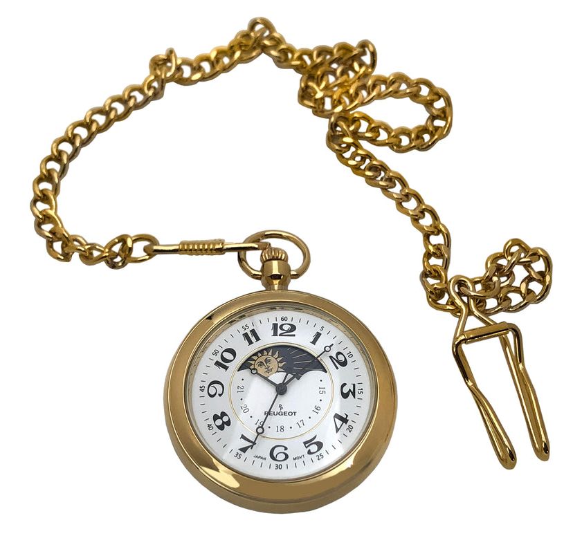 Peugeot Mens 14K Gold Plated Sun Moon Pocket Watch with Gold-Tone Chain