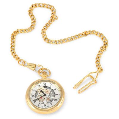 Peugeot Men's 14K Gold Plated Deco Skeleton Dial Vintage Pocket Watch with Clip-On Chain