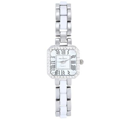 Peugeot Womens Crystal Accented Square Silver-Tone Acrylic Link Watch, White