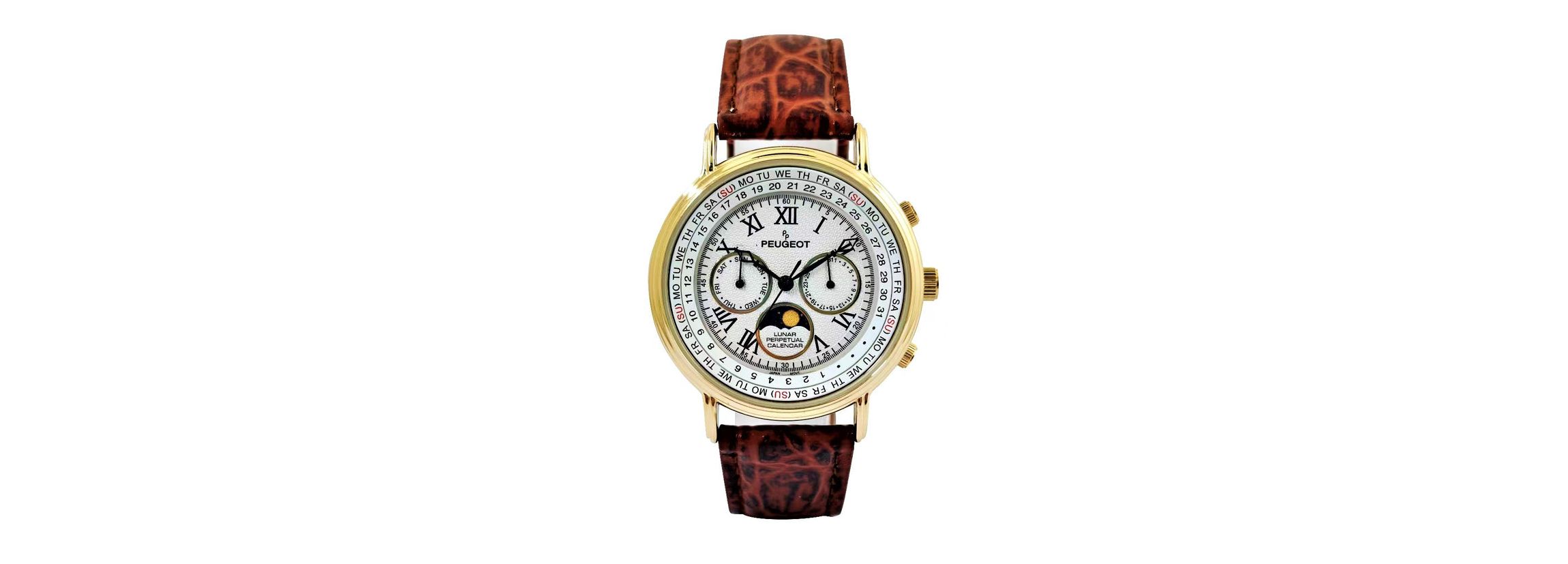 Peugeot Mens Vintage Multi-Function Moon Phase Watch with Perpetual Calendar and Brown Leather Band