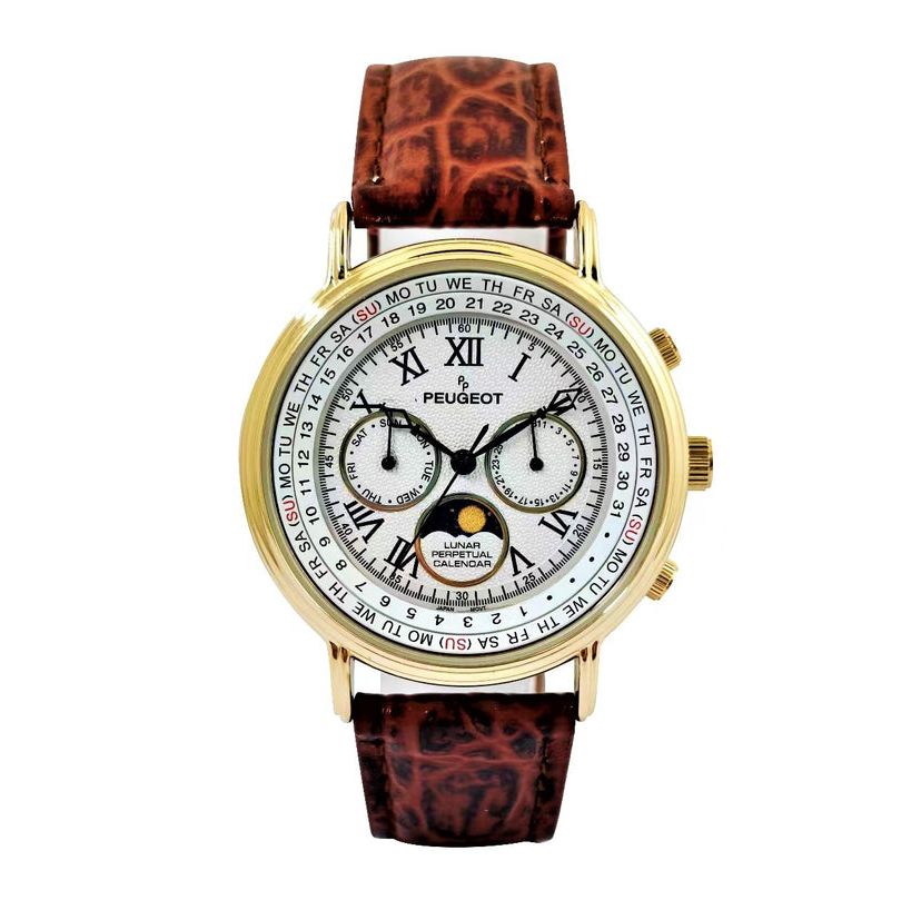 Peugeot Mens Vintage Multi-Function Moon Phase Watch with Perpetual Calendar and Brown Leather Band