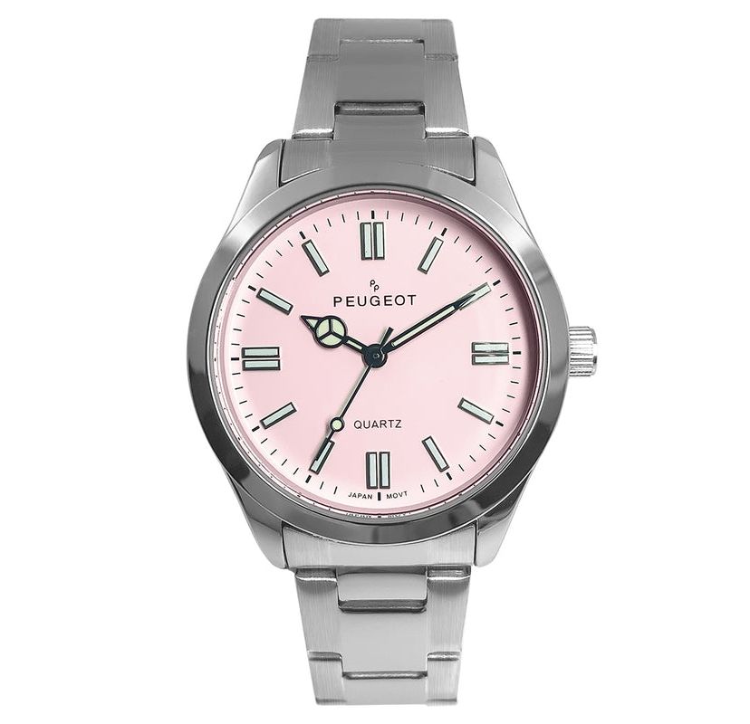 Peugeot Womens 36mm Sport Watch with Pink Dial and Stainless Steel Bracelet