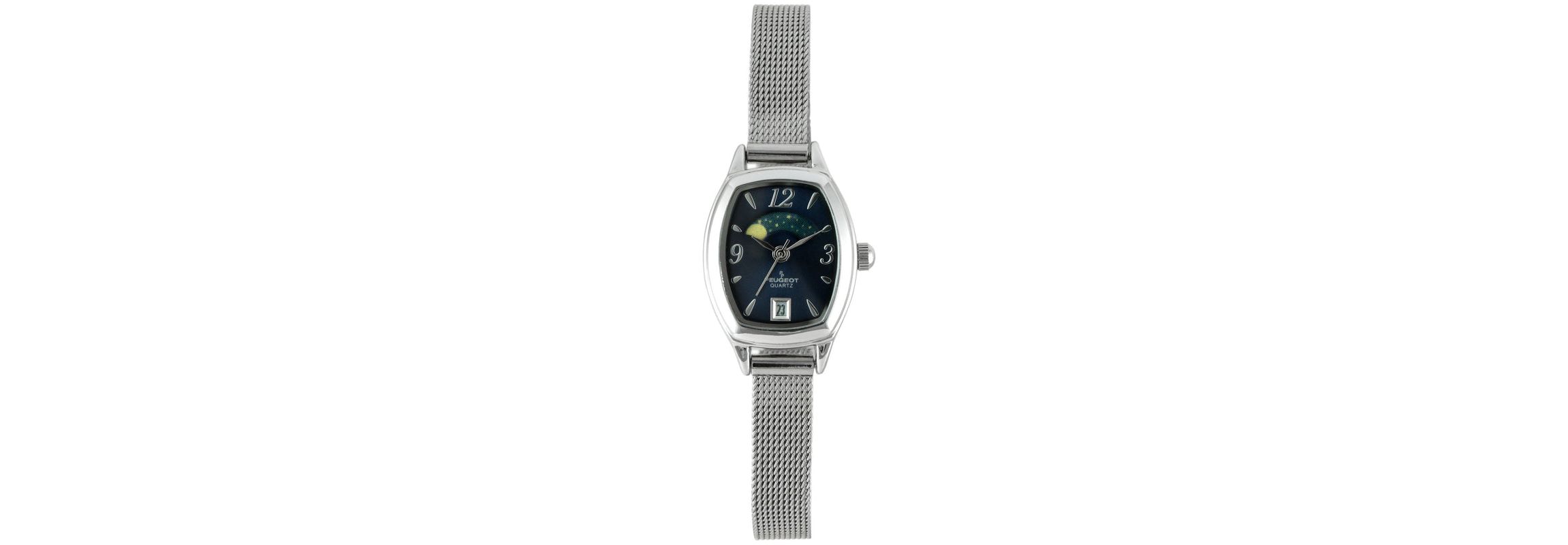 Peugeot Womens Blue Dial  Sun Moon Watch 30x20mm Calendar Mesh Bracelet