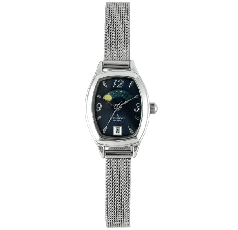 Peugeot Womens Blue Dial  Sun Moon Watch 30x20mm Calendar Mesh Bracelet