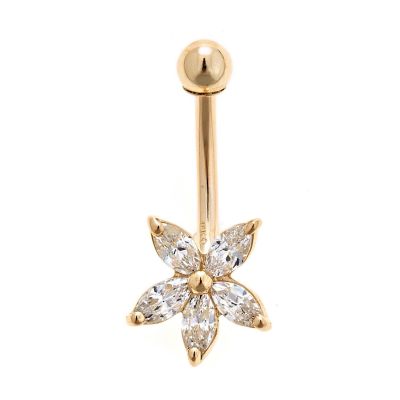 Zahav Jewelry 14K Solid Gold 14G Flower CZ Belly Ring