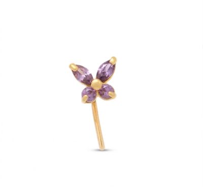 Zahav Jewelry 14K Solid Gold 24G Amethyst Cz Butterfly L-Shape Nose Stud