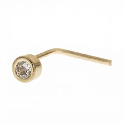 Zahav Jewelry 14K Solid Gold 24G CZ Bezel L Shape Nose Stud