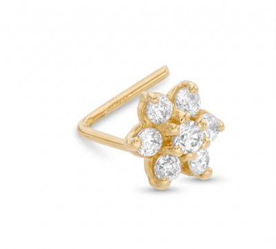 Zahav Jewelry 14K Solid Gold 24G Flower CZ L Shape Nose Stud