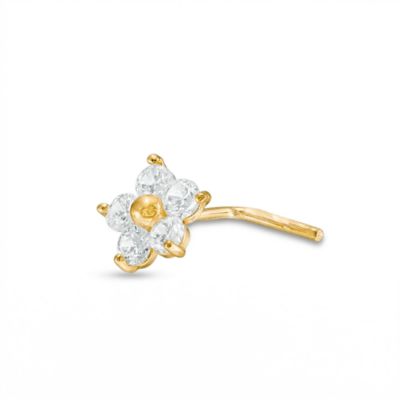Zahav Jewelry 14K Solid Gold 24G Flower Cz L-Shape Nose Stud