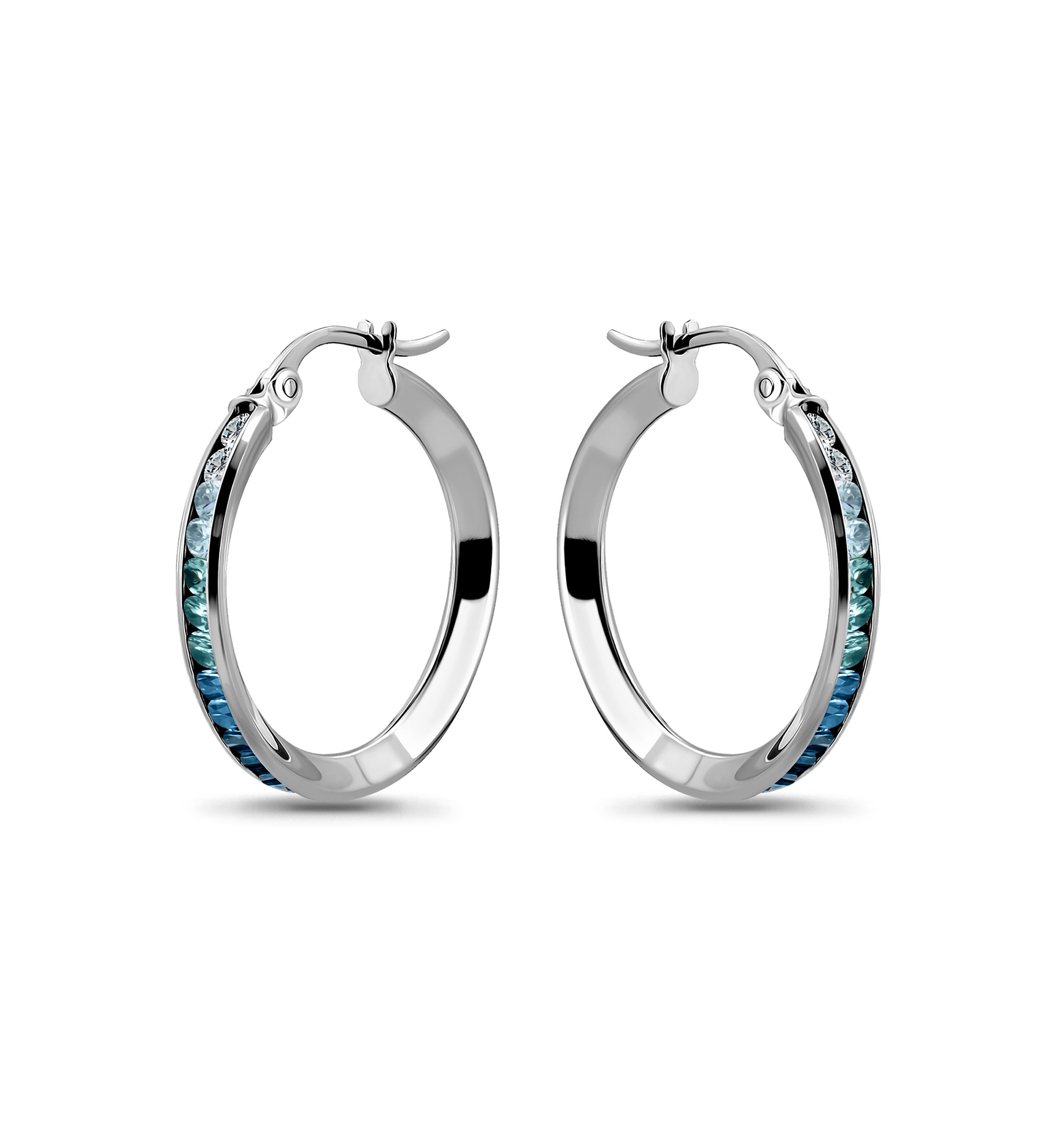 Sterling Silver Round Blue Ombré Cubic Zirconia Hoop Earrings