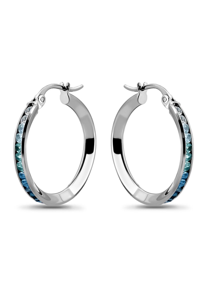 Sterling Silver Round Blue Ombré Cubic Zirconia Hoop Earrings