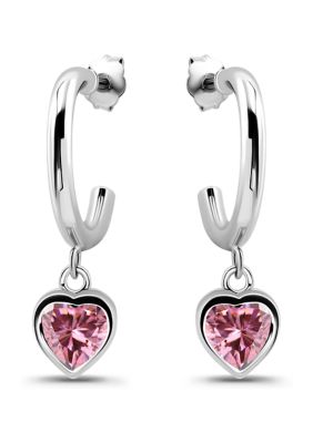 B.Brilliant Sterling Silver Heart Cubic Zirconia Bezel Drop Charm Hoop Earrings