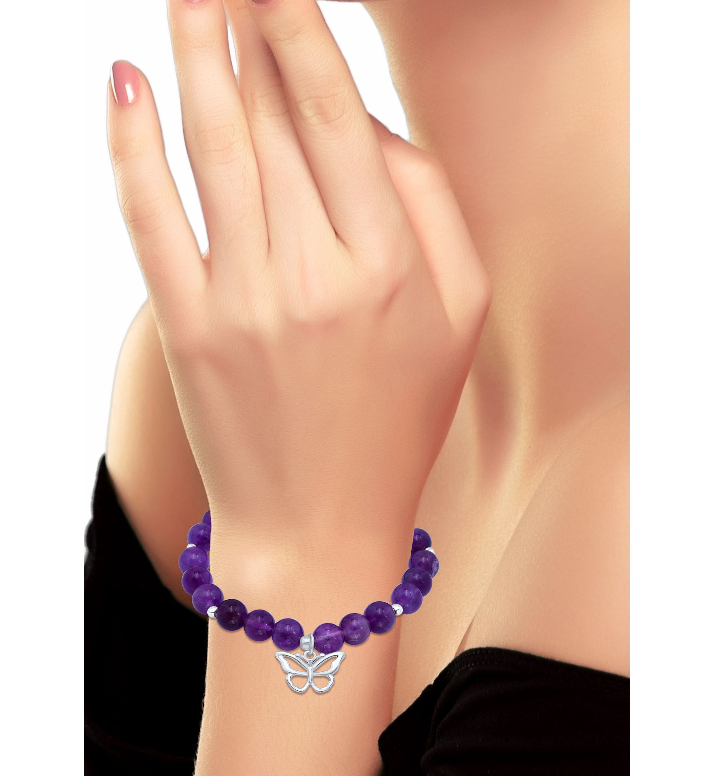 Sterling Silver Butterfly Charm Beaded Bracelet