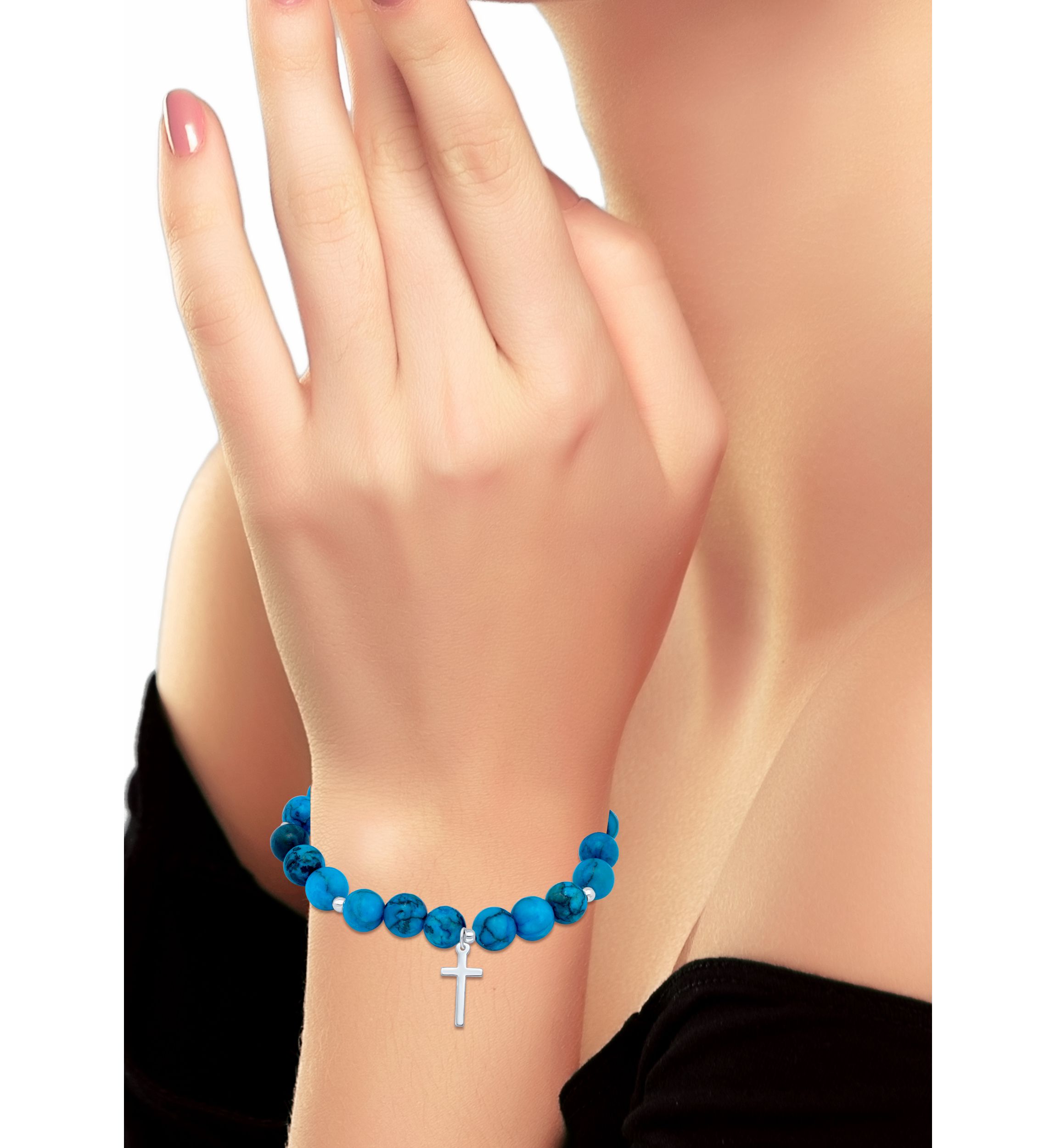 Sterling Silver Cross Charm Bead Bracelet