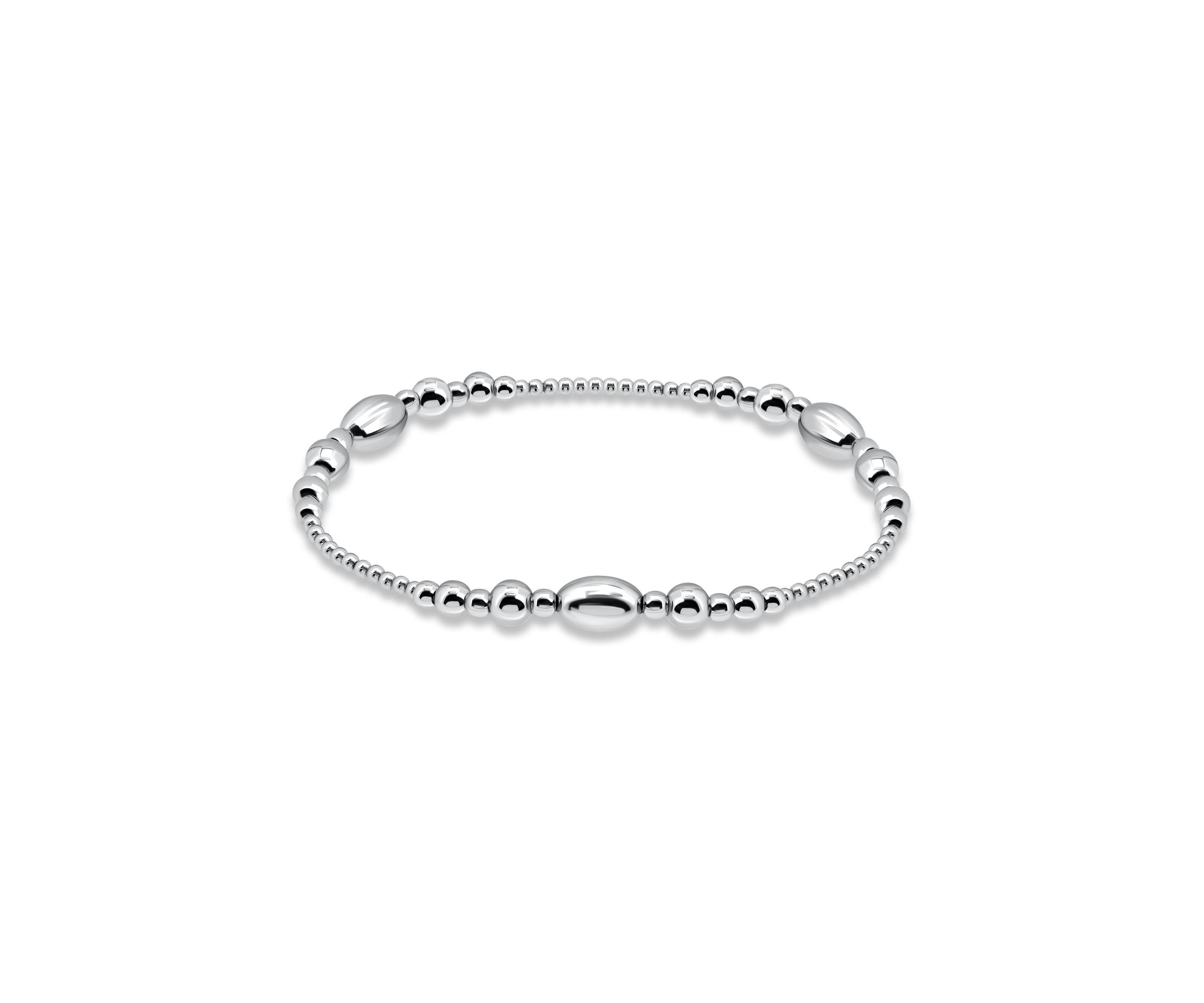 Sterling Silver Oval and Round Beaded Stretch Bracelet