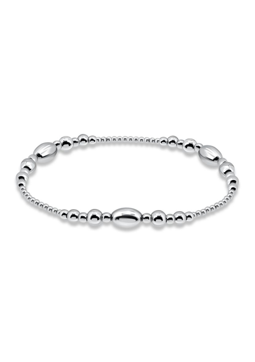 Sterling Silver Oval and Round Beaded Stretch Bracelet