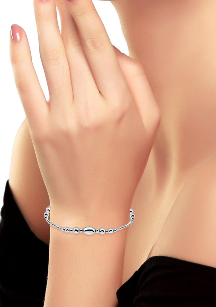 Sterling Silver Oval and Round Beaded Stretch Bracelet