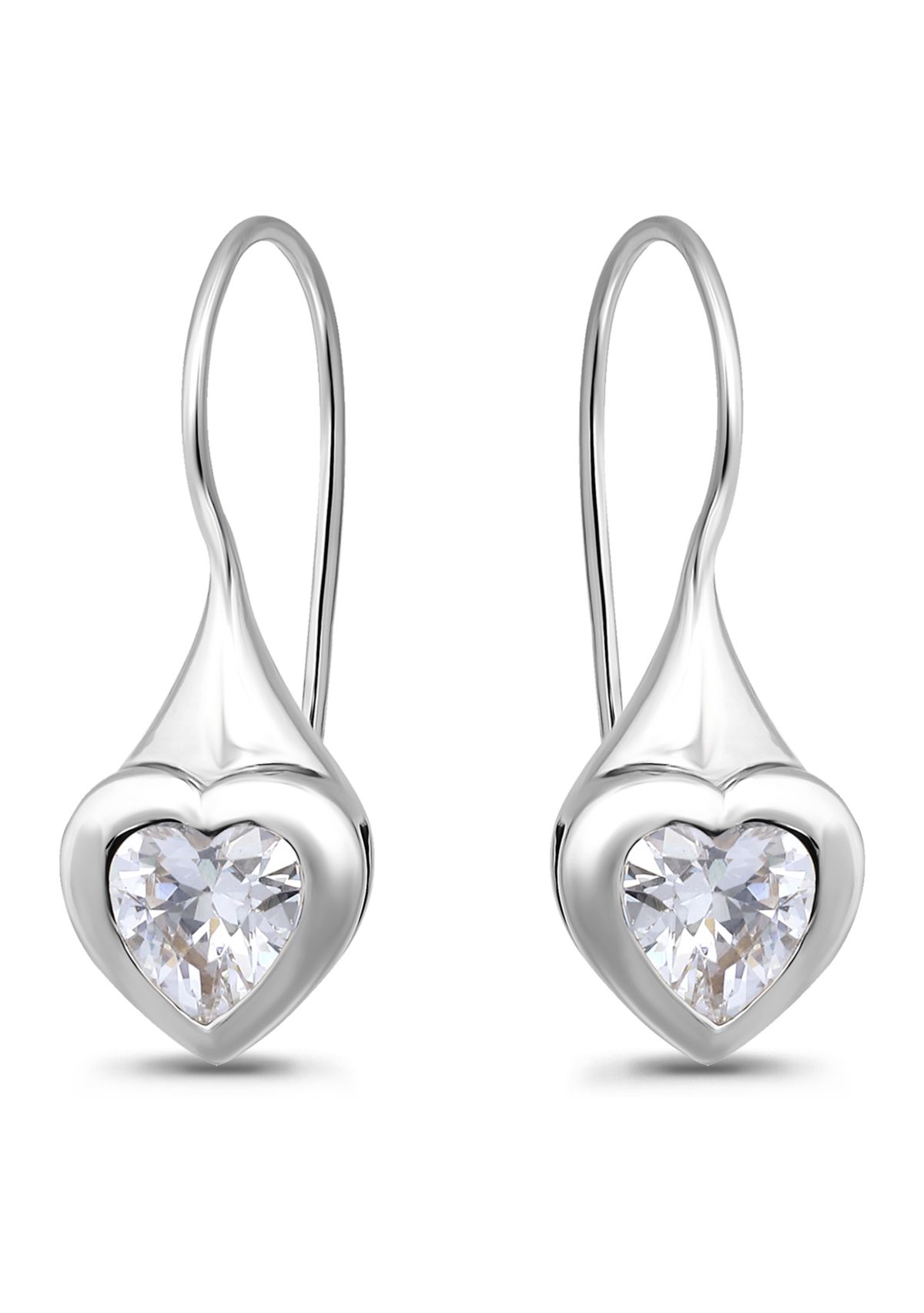 Sterling Silver Heart Shape Cubic Zirconia Bezel French Wire Drop Earrings