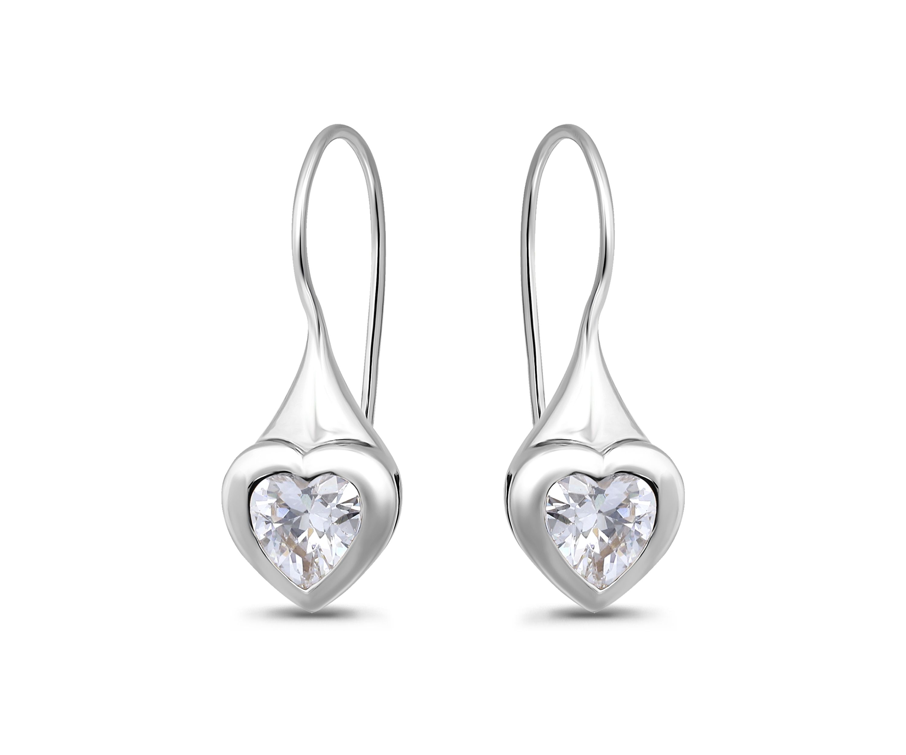 Sterling Silver Heart Shape Cubic Zirconia Bezel French Wire Drop Earrings